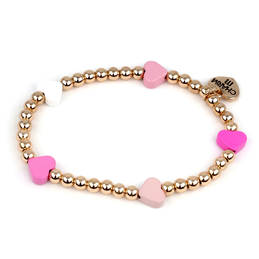 CHARM IT! Gold Bead Pink Heart Stretch Bead Bracelet