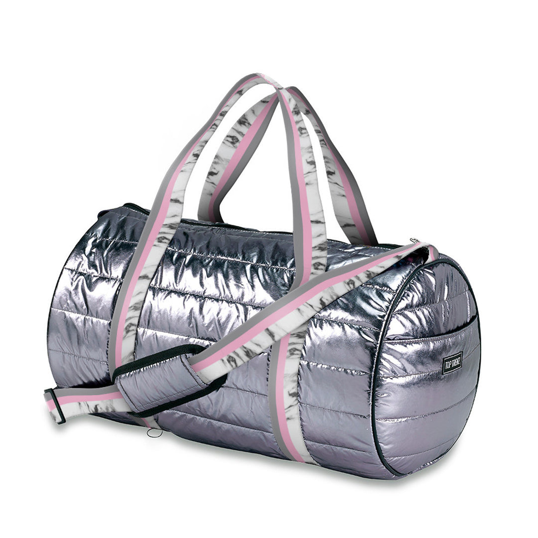 Top Trenz Gunmetal Puffer Duffle Bag With White Marble Stripe Straps