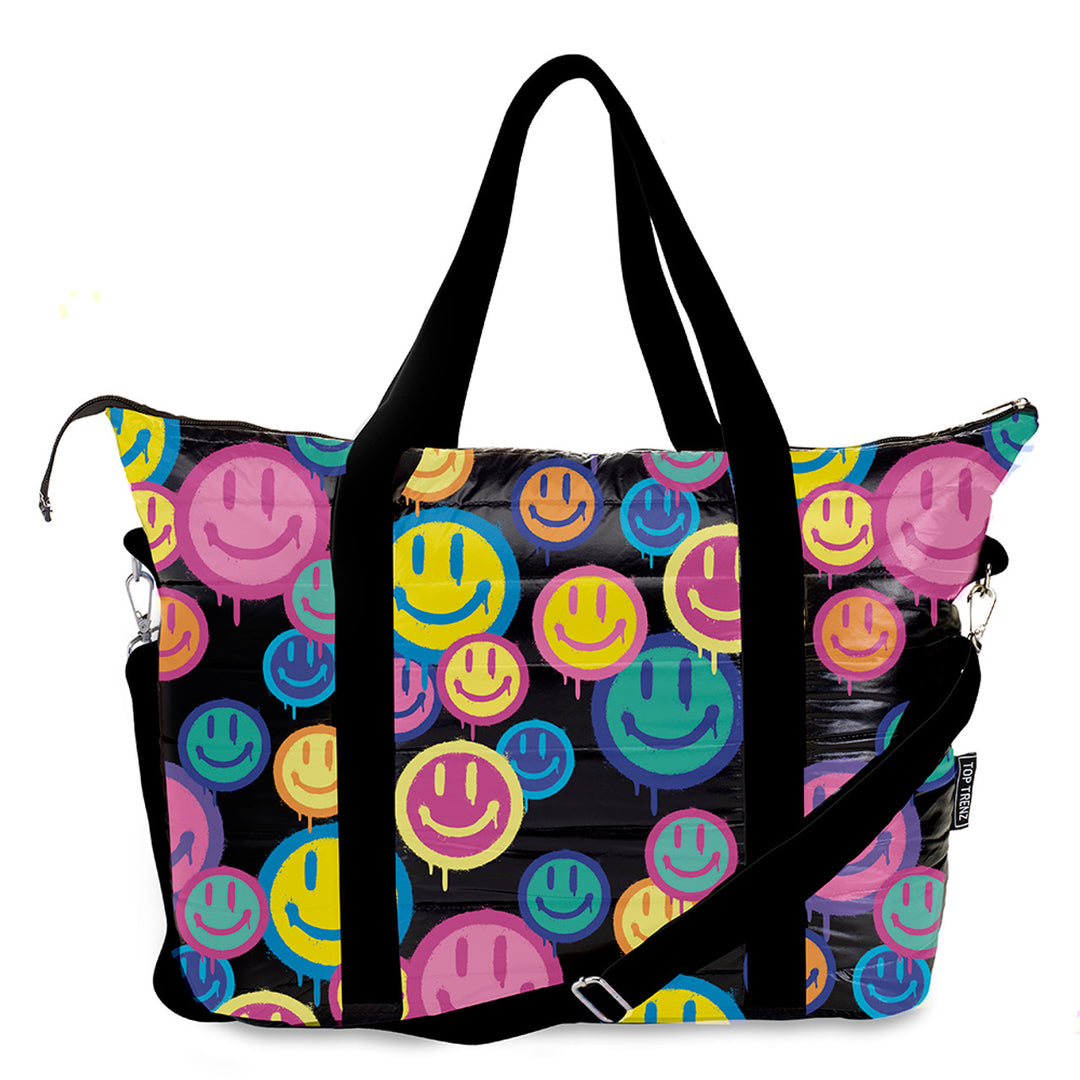 Top Trenz Black Puffer Tote Bag Spray Happy Print