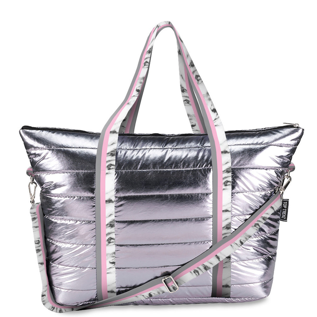 Gunmetal Puffer Tote Bag With White Marble Stripe Straps