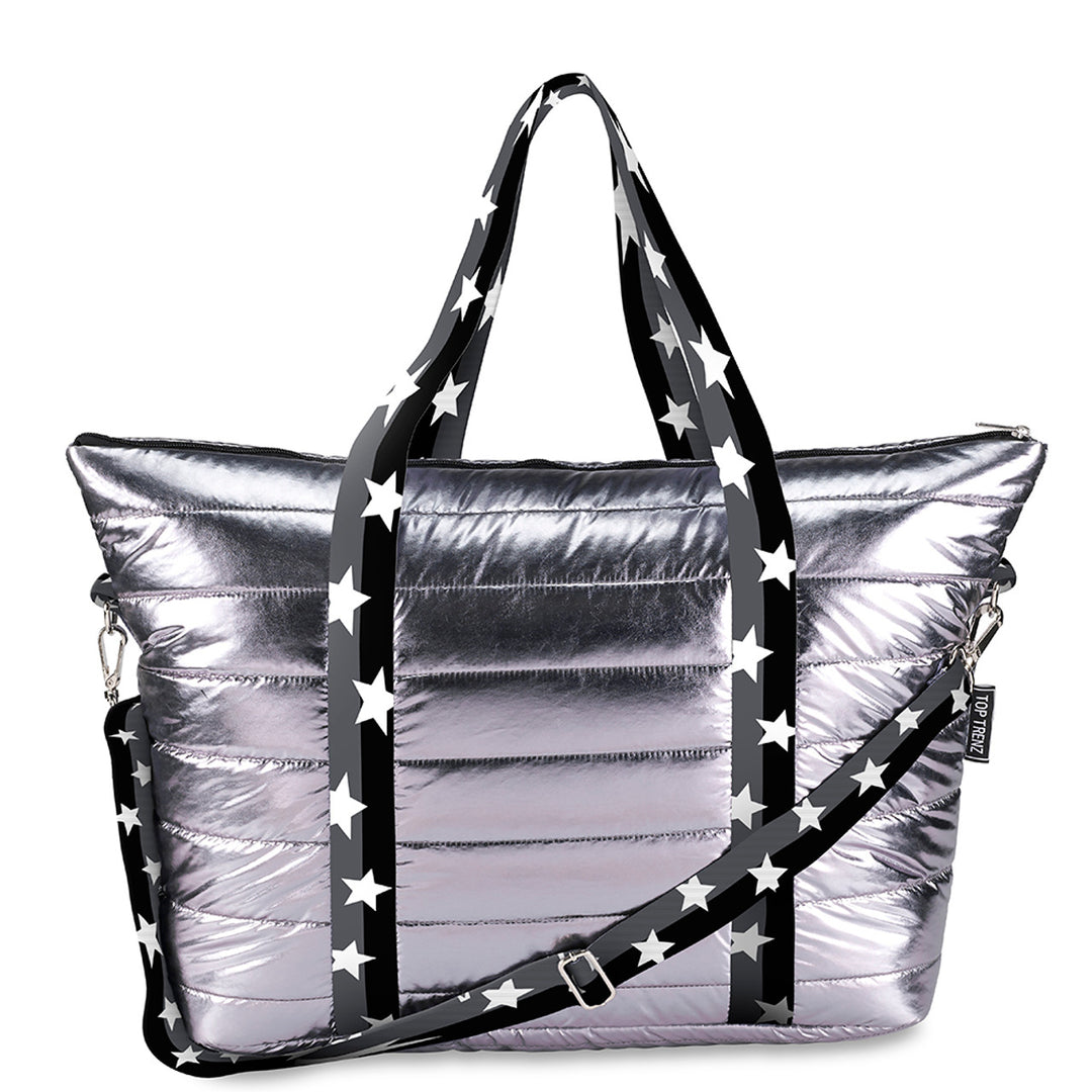 Gunmetal Puffer Tote Bag with Black Star Straps