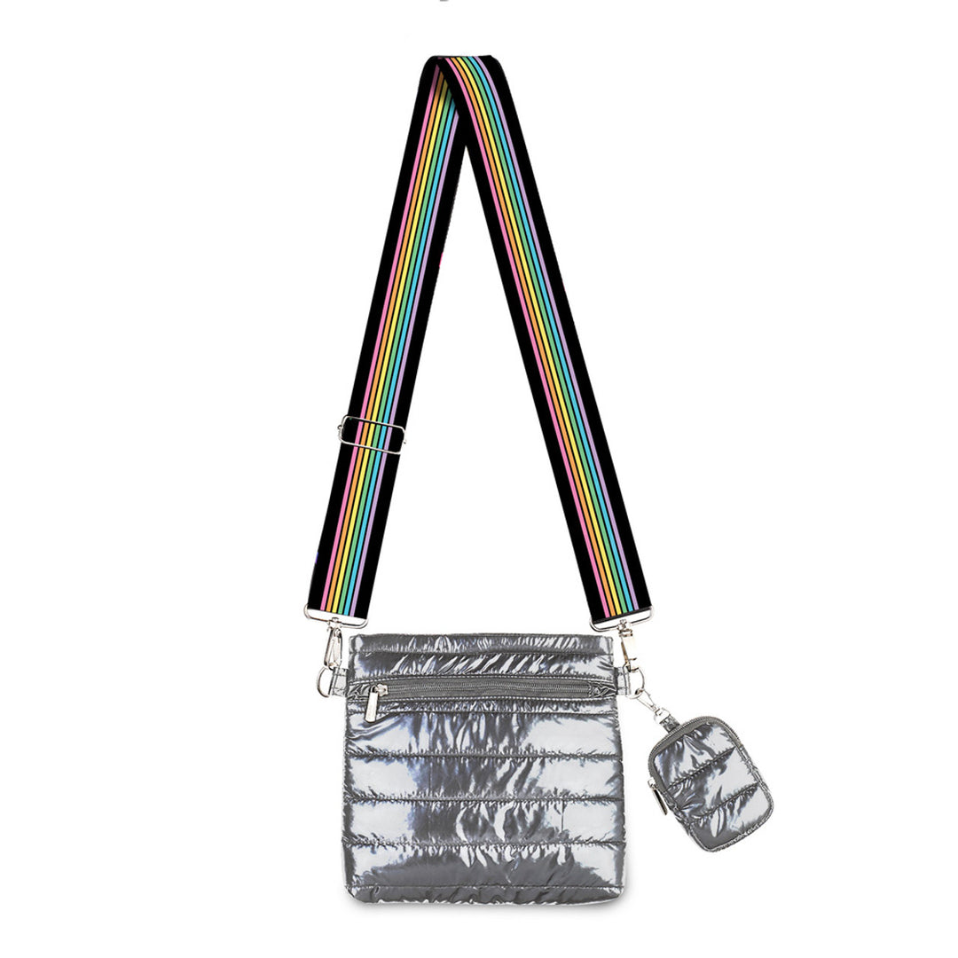 Top Trenz Gunmetal Puffer Crossbody Hip Bag Rainbow Track Strap