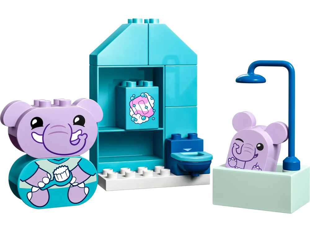 Mommy and baby duplo elephants play bath time together in the duplo daily routines play set.