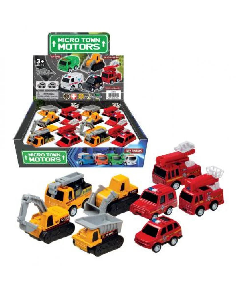 2" Micro Motors Fire/Construction Pull Back Vehicles