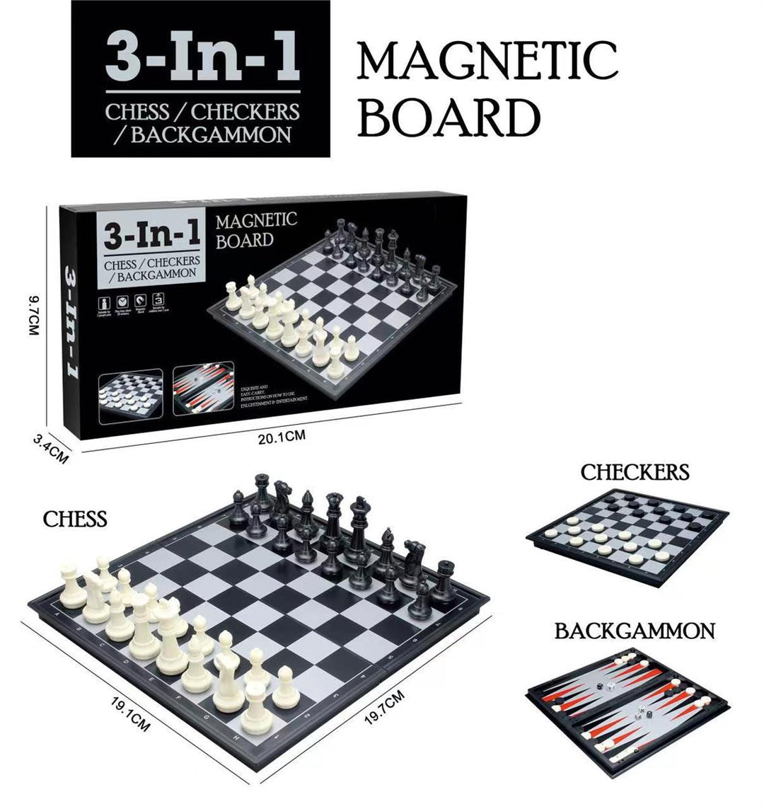 Travel Magnetic 3-In-1 Chess, Checkers, and Backgammon Set