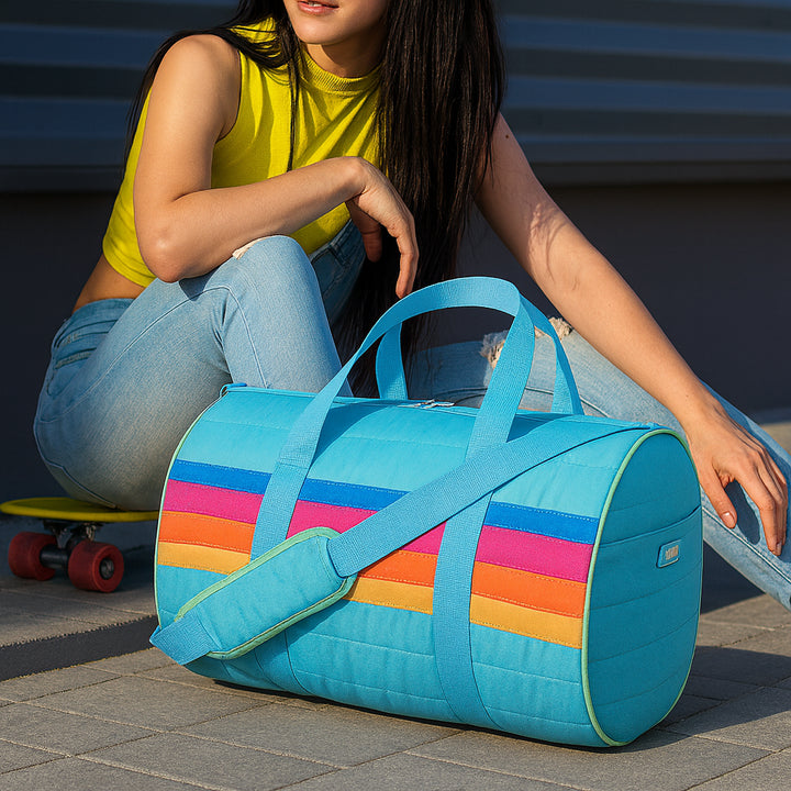 Top Trenz Blue Puffer Duffle Bag with Retro Stripes