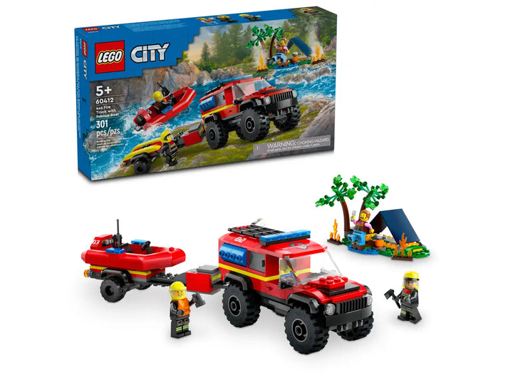 Assembled Lego city 4x4 Fire truck with Rescue Boat 60412 displayed in front or retail packaging 2024