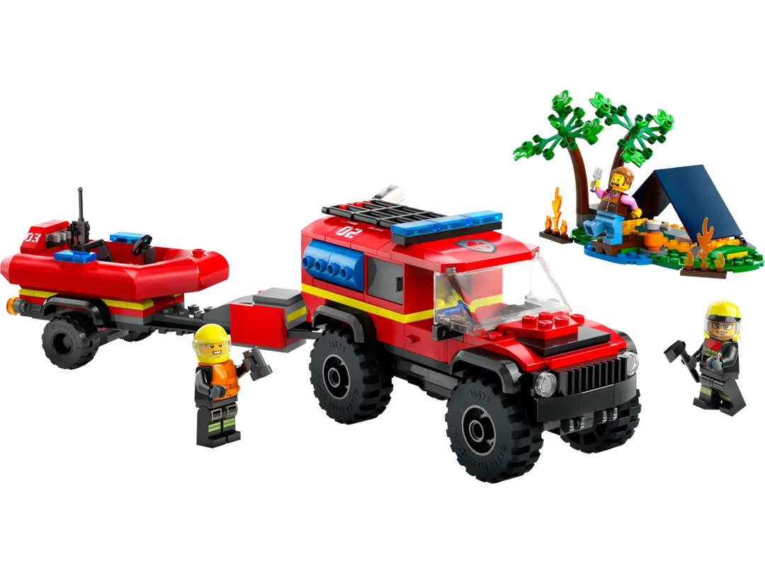 Detailed lego camping scene 60412 4x4 fire truck with rescue boat