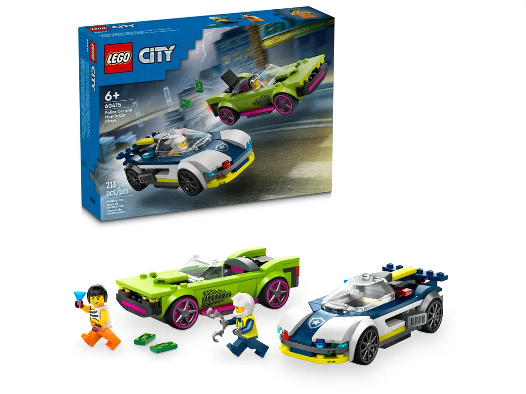 Lego City police car and muscle car chase play set 60415 displayed in front of retail packaging 2024
