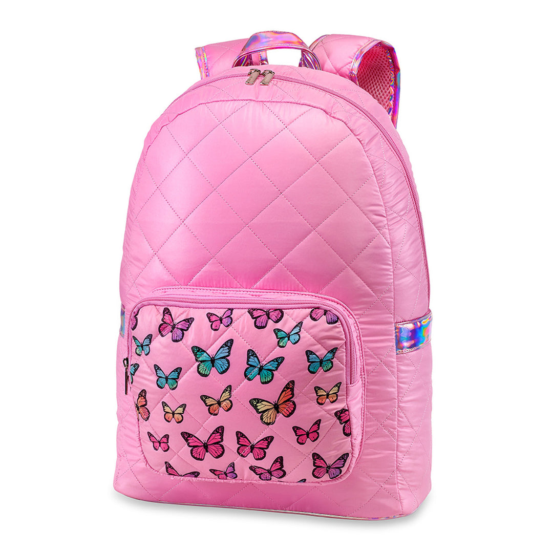 Top Trenz Pink Diamond Stitch Puffer Backpack with Butterfly Pocket
