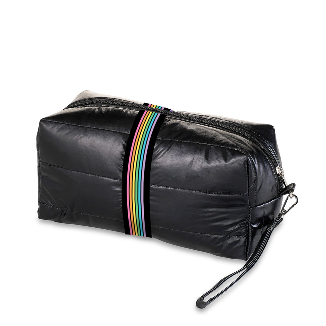 Top Trenz Black Puffer Cosmetic Bag With Rainbow Track Straps