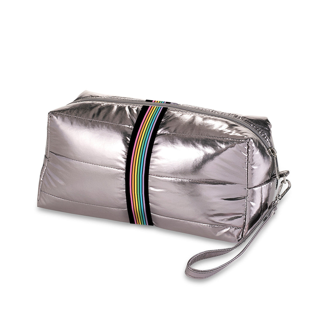 Top Trenz Gunmetal Puffer Cosmetic Bag With Rainbow Track Straps