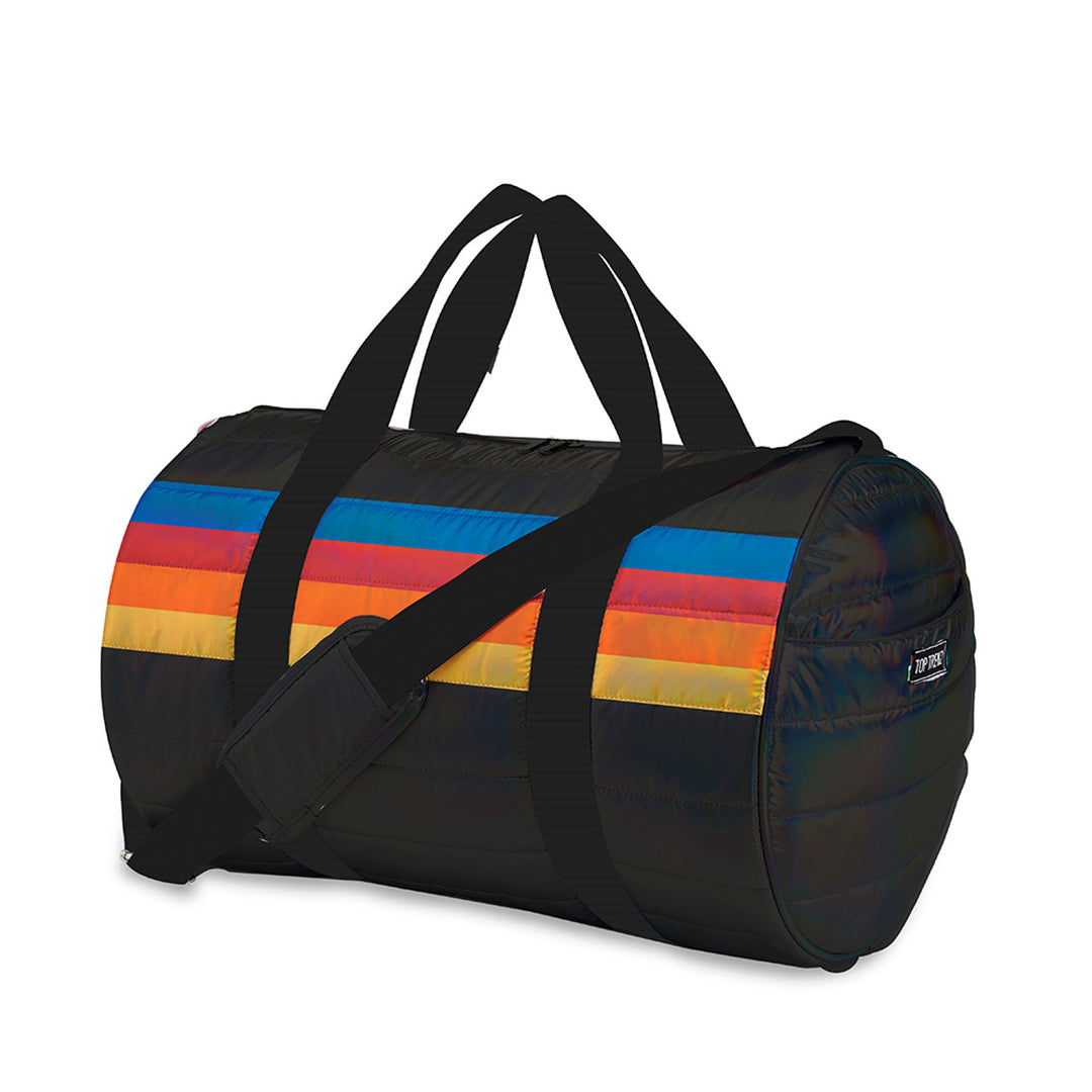 Top Trenz Black Puffer Duffle Bag with Retro Stripes