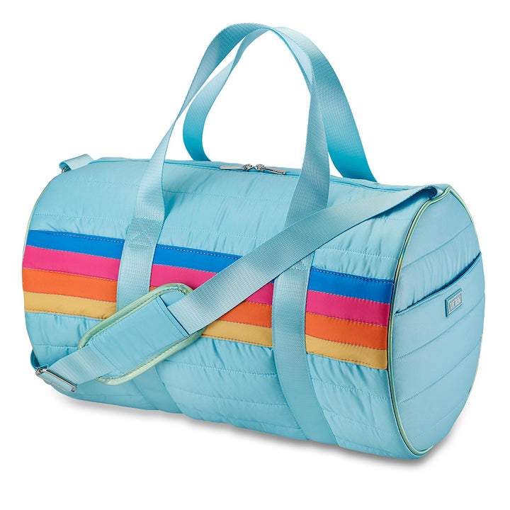 Top Trenz Blue Puffer Duffle Bag with Retro Stripes
