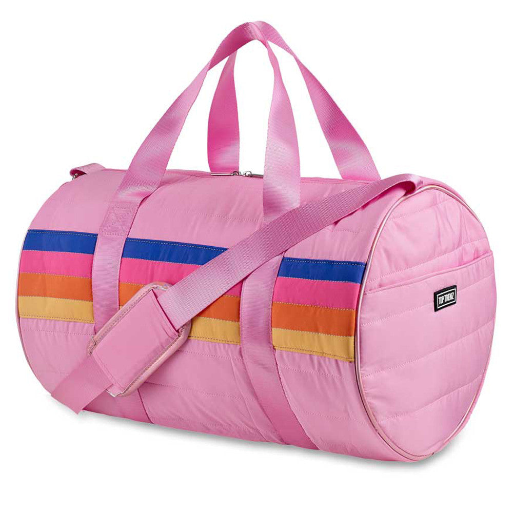 Top Trenz Pink Puffer Duffle Bag with Retro Stripes