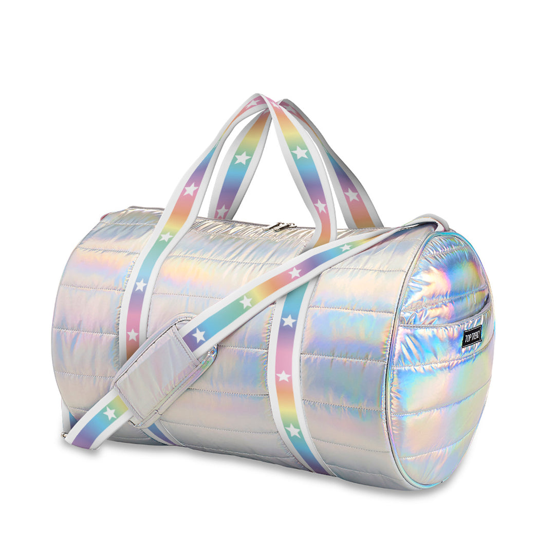 Top Trenz Iridescent Puffer Duffle Bag with White Gradient Star Straps