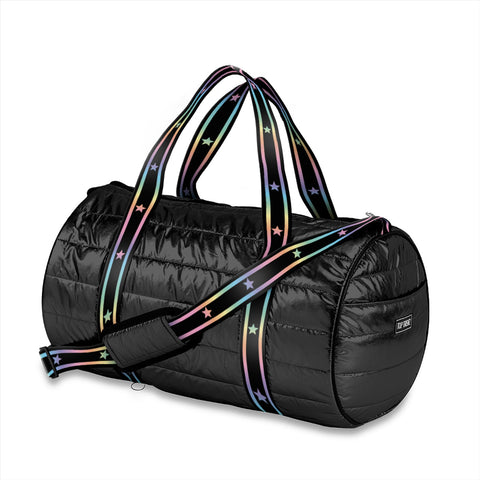 Top Trenz Black Puffer Duffle Bag with Gradient Star Strap