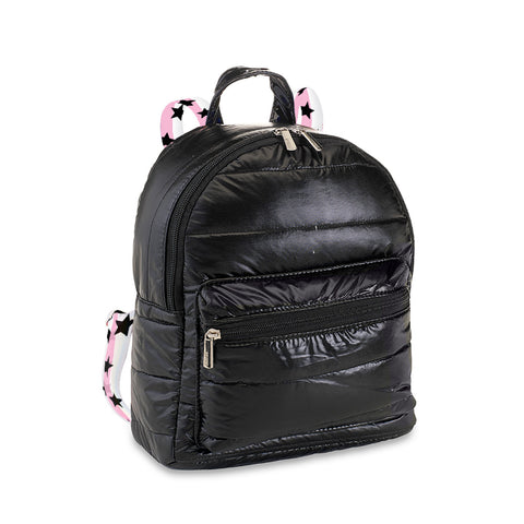 Top Trenz Black Puffer Mini Backpack with Pink White Split Star Straps