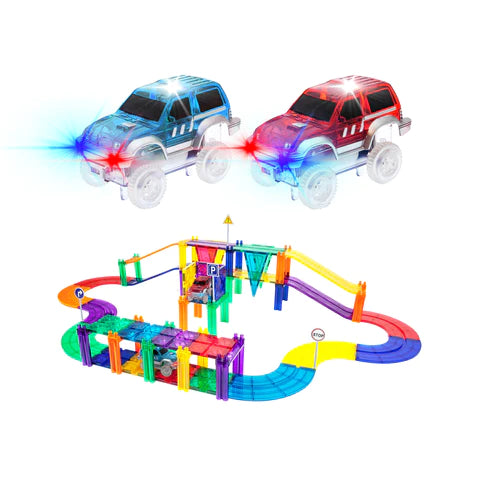 PicassoTiles 50pc Magnetic Race Track W/ 2 LED Cars