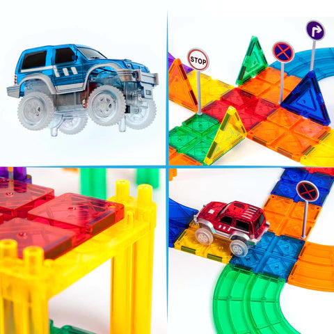 PicassoTiles 50pc Magnetic Race Track W/ 2 LED Cars