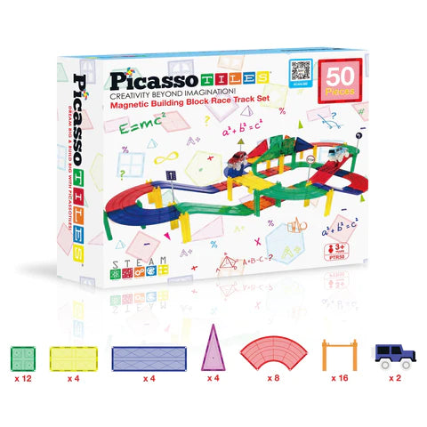 PicassoTiles 50pc Magnetic Race Track W/ 2 LED Cars