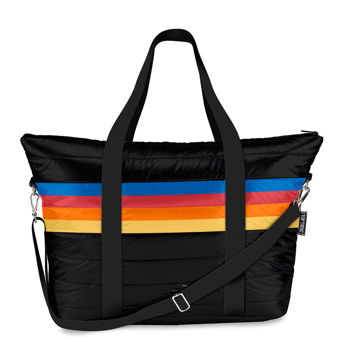 TopTrenz Black Puffer Tote with Retro Stripe