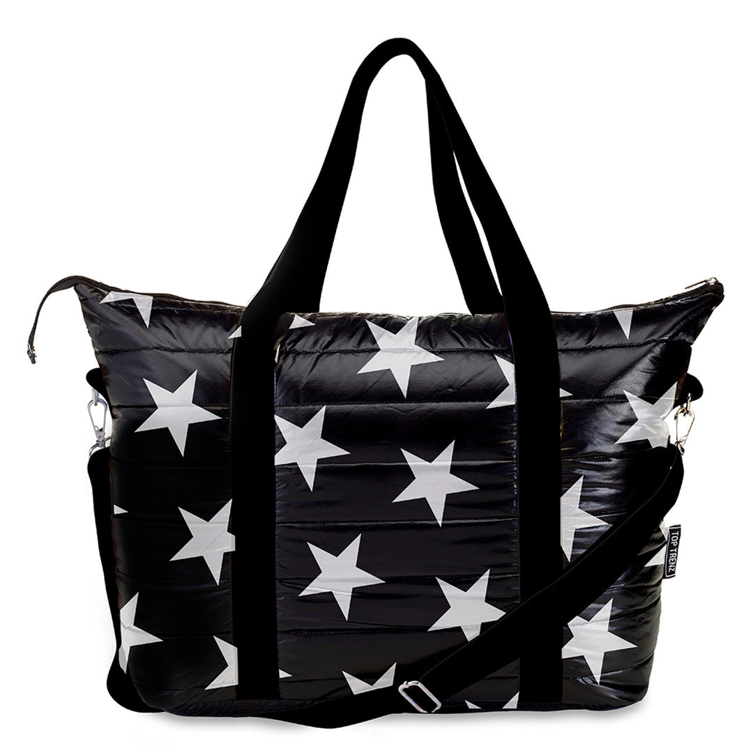 Top Trenz Black Puffer Tote Bag Star Time Print