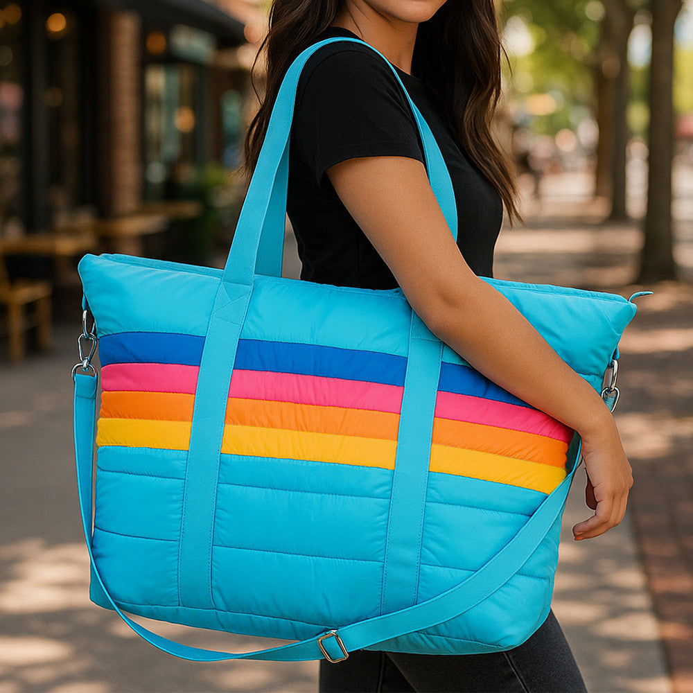 TopTrenz Blue Puffer Tote with Retro Stripe