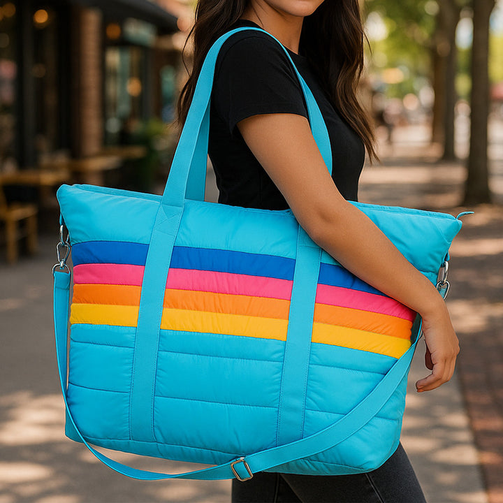 TopTrenz Blue Puffer Tote with Retro Stripe