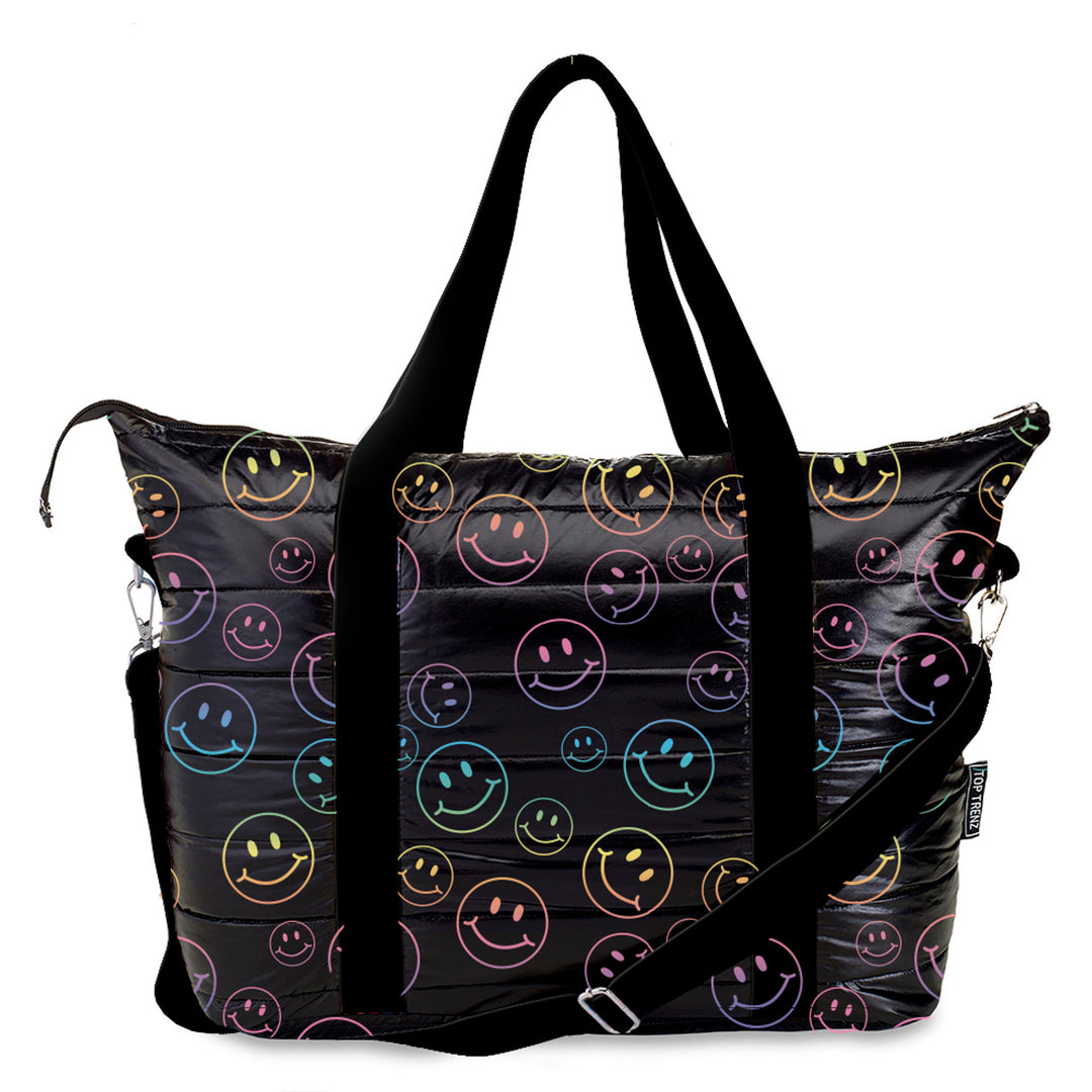 Top Trenz Black Puffer Tote Bag Outline Happy Face Print