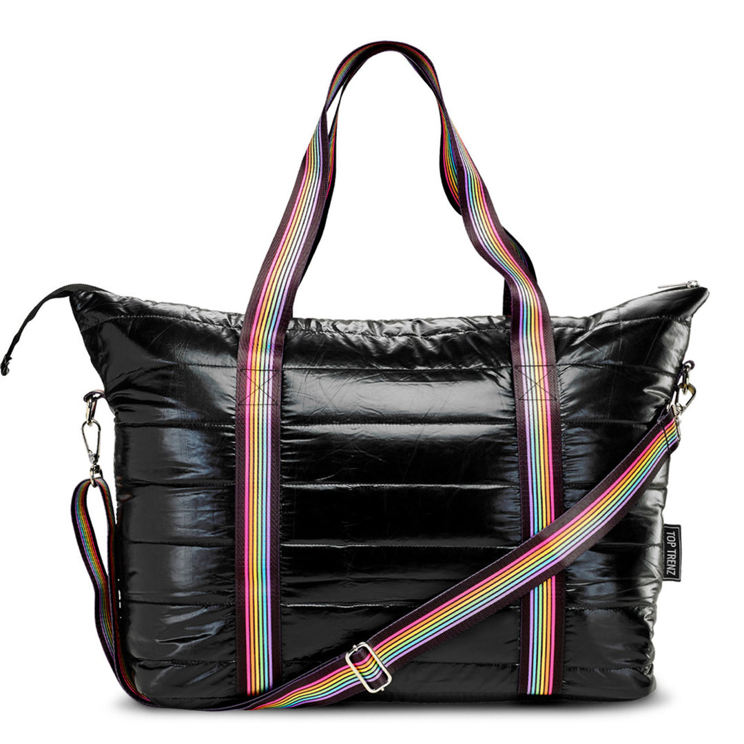 Black Puffer Tote Bag with Rainbow Track Strap