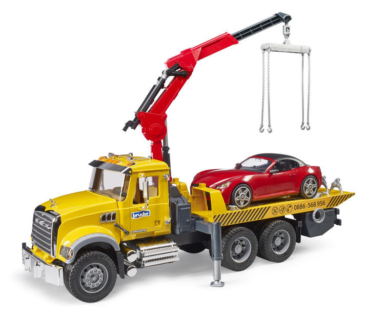 MACK Granite Tow Truck with BRUDER Roadster