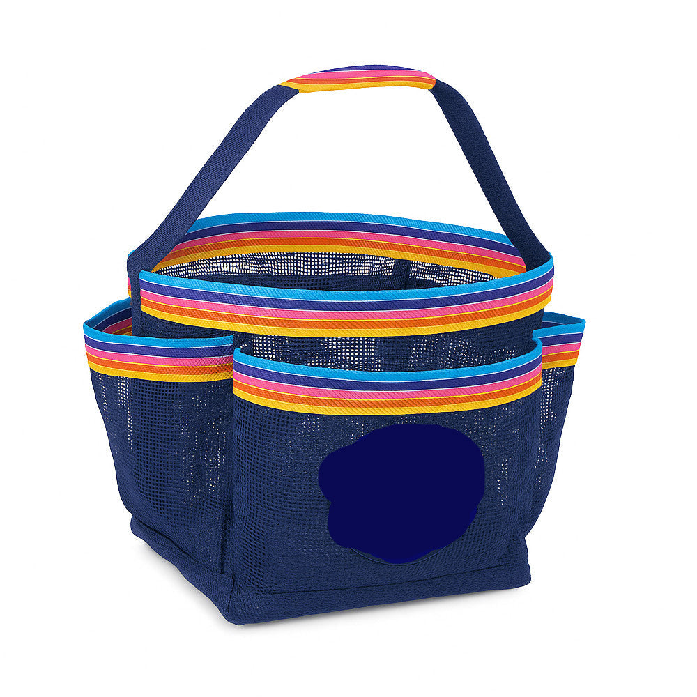 Navy blue mesh tote bag with colorful handles on a white background