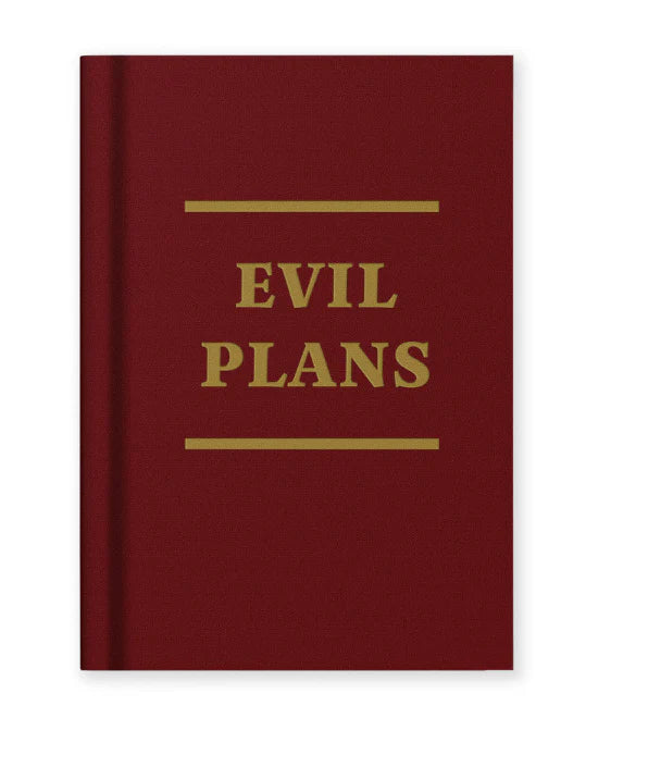 Red book with 'Evil Plans' in gold on a white background