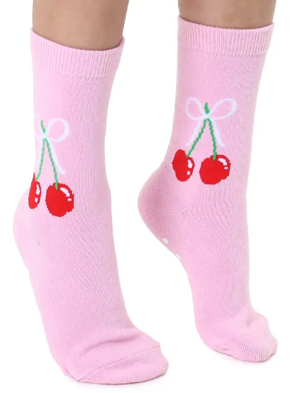 Cherries Tied w/ Bow - Pink 3D Kids Crew Socks