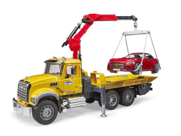 MACK Granite Tow Truck with BRUDER Roadster