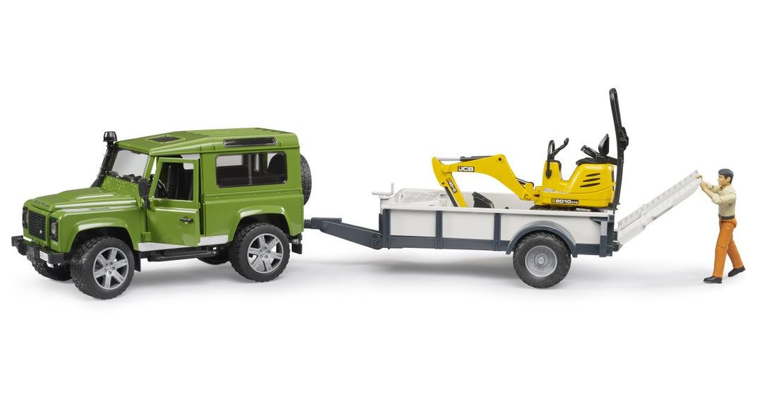 Land Rover Defender with Trailer, JCB Excavator and Figure