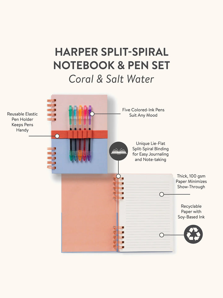 Coral & Salt Water Harper Split-Spiral Notebook & Pen Set