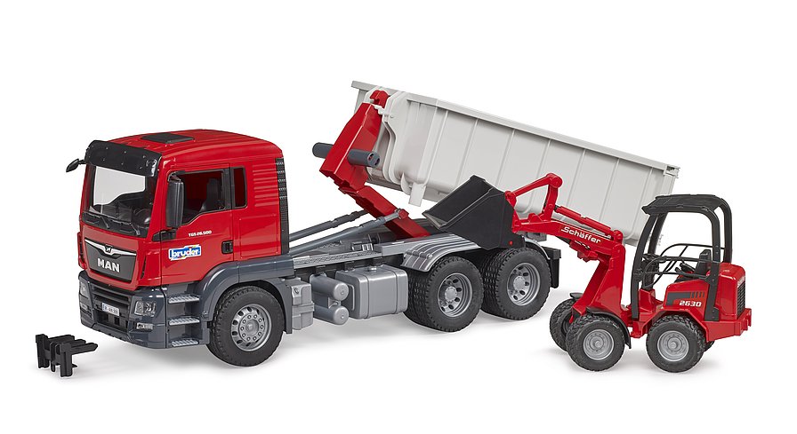 Bruder MAN TGS Truck With Roll-Off Container & Schaeff Yard Loader