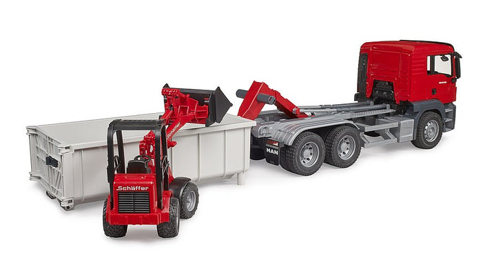 Bruder MAN TGS Truck With Roll-Off Container & Schaeff Yard Loader