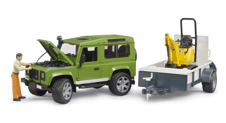 Land Rover Defender with Trailer, JCB Excavator and Figure