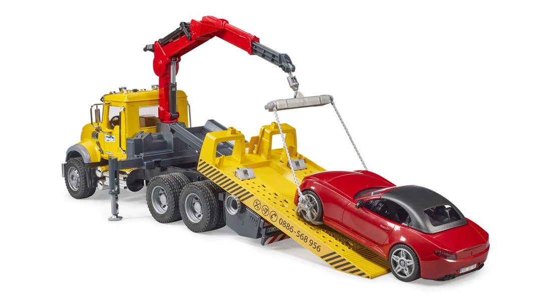 MACK Granite Tow Truck with BRUDER Roadster