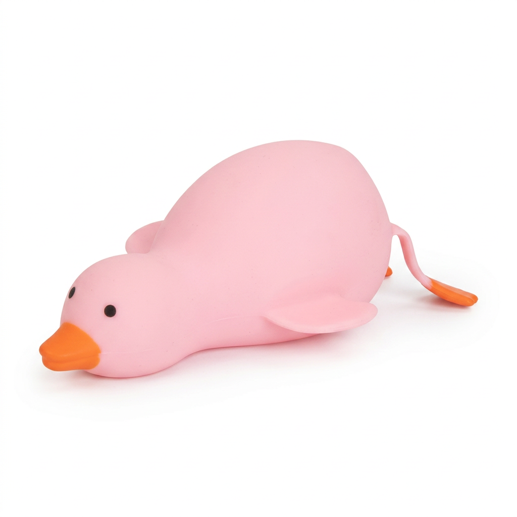 Pink squishy duck lying down, side view