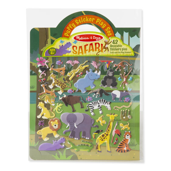 Melissa and Doug 42 piece Reusable Safari themed puffy sticker play set suitable for ages 4+ in retail packaging.