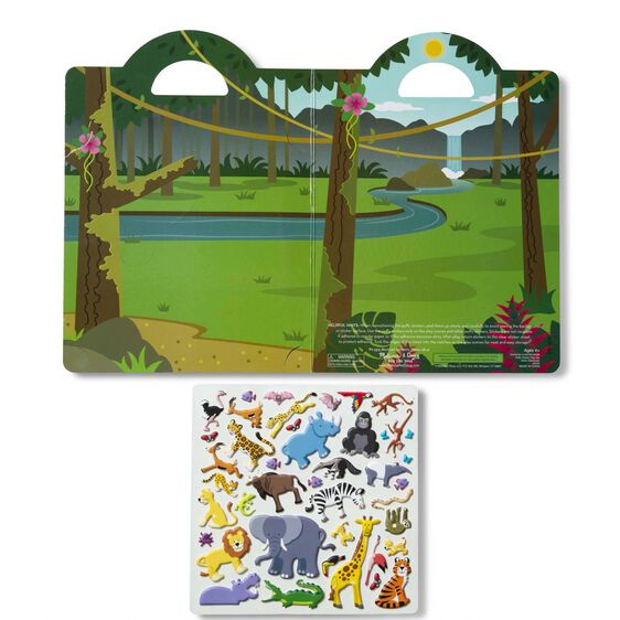 Interior jungled themed backdrop and stickers provided with the Melissa and Doug 42 piece Reusable Safari themed puffy sticker play set suitable for ages 4+