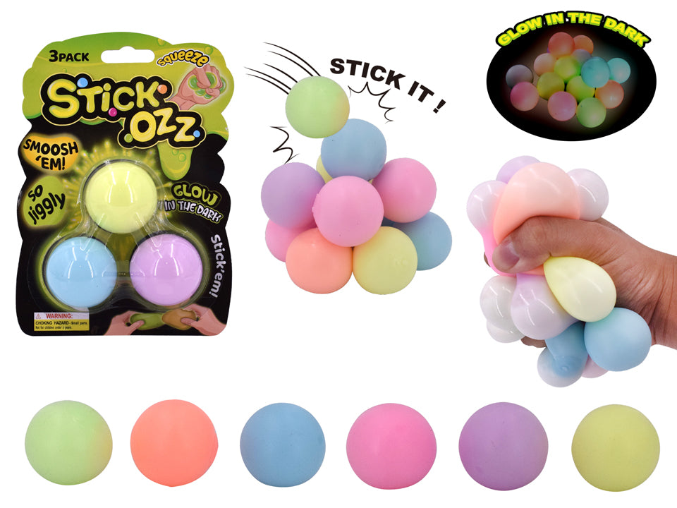 Stick-Ozz Sticky Squeeze Ball 3 Pack - Glow in the Dark