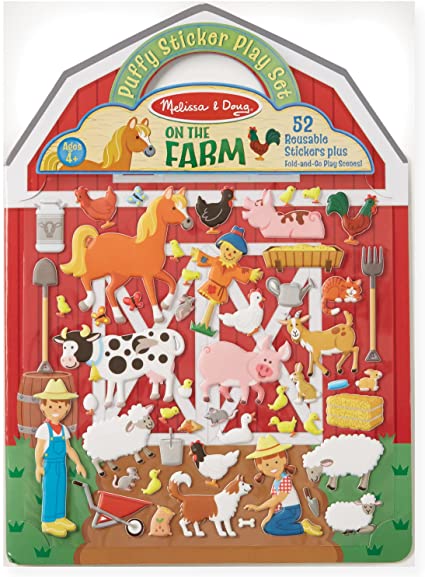 Melissa & doug on the farm 52 piece puffy reusable stickers with fold and go play scenes in retail packaging.
