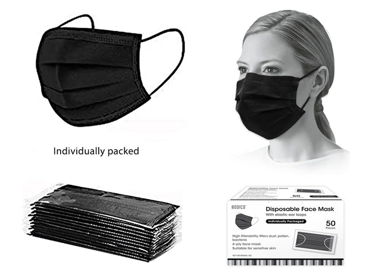 Disposable Face Masks 50 Pack Black - Adults