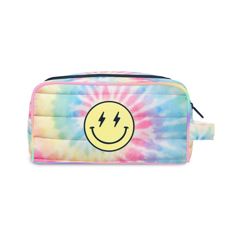Tie Dye Pastel Delight Smile Face Applique Puffer Cosmetic Bag