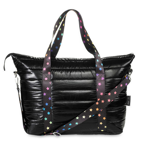 Top Trenz Black Puffer Tote Bag with Scatter Star Strap